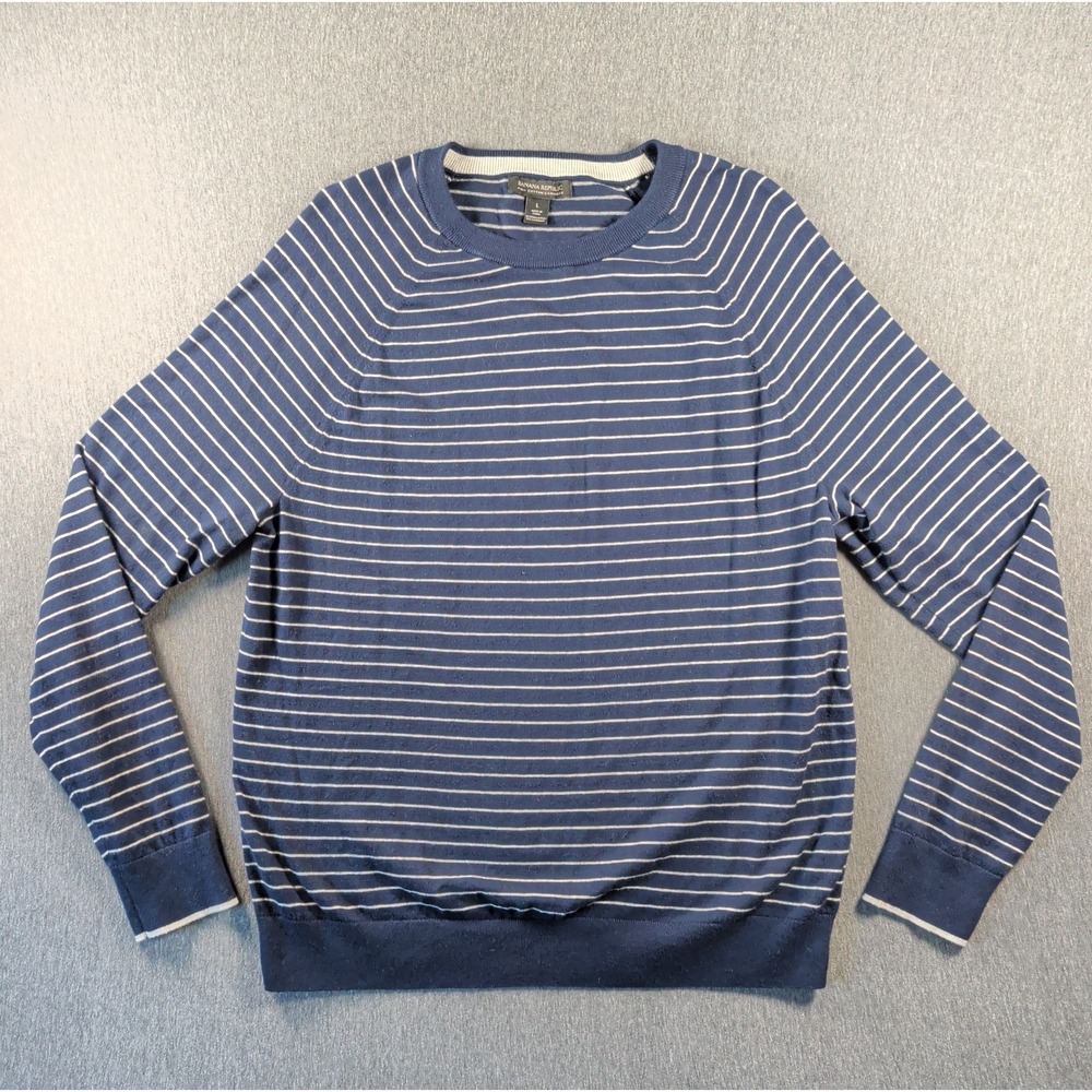Banana Republic Sweater Large Striped Pima Cotton Cashmere Crewneck Navy Preppy